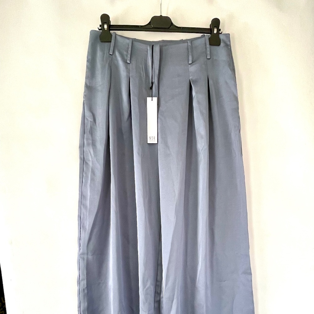 Shimmery Blue Gray Lightweight Pleated Wide Leg Trousers